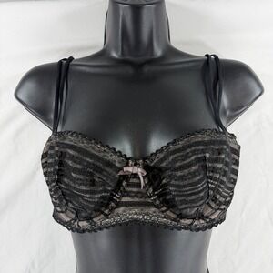Victoria's Secret Black Lace Unlined Balconette Underwire Bra Striped Mesh 36C